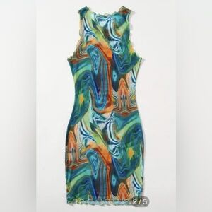 Lettuce Trim Marble Print Bodycon Sheer Dress